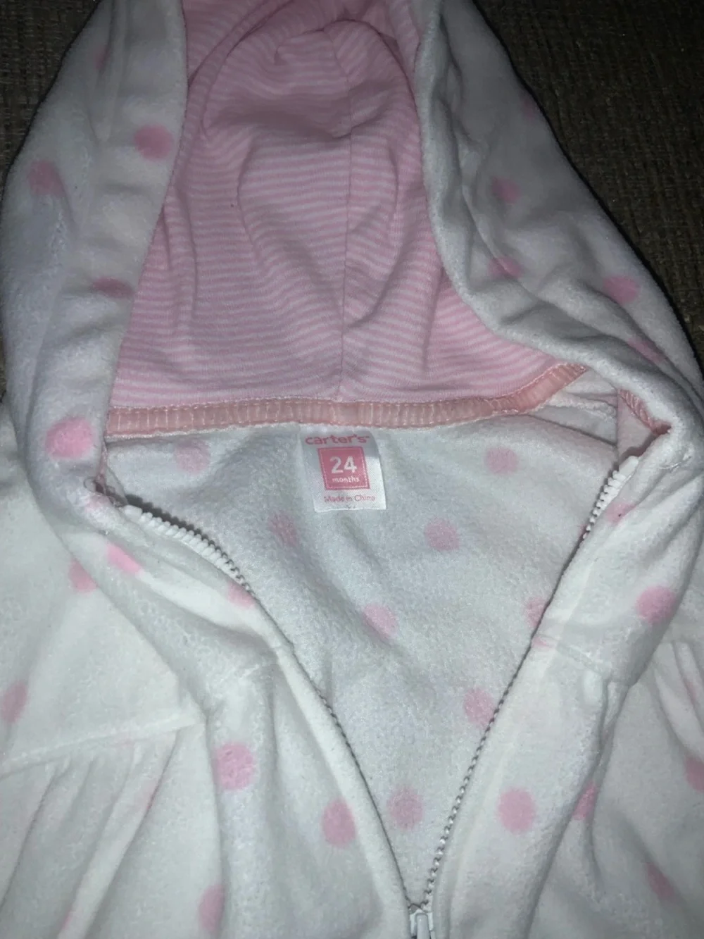 Carter's Hoodie Monkey Fleece 24 Months Polka Dot Pink White Girls EUC Zipper